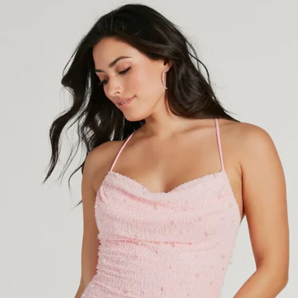Keira Faux Pearl Strappy Open-Back Mini Dress - Picture 1 of 3